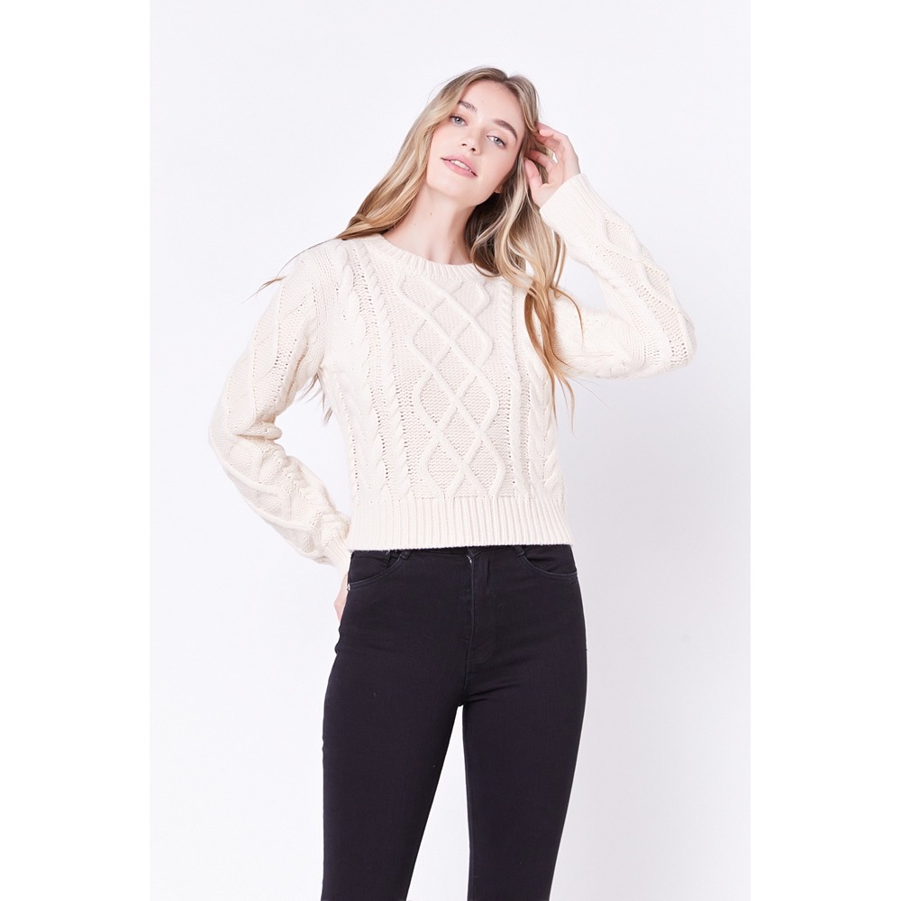 English Factory Womens Cream Cable Knit Cropped Sweater Size Med Ivory Pullover